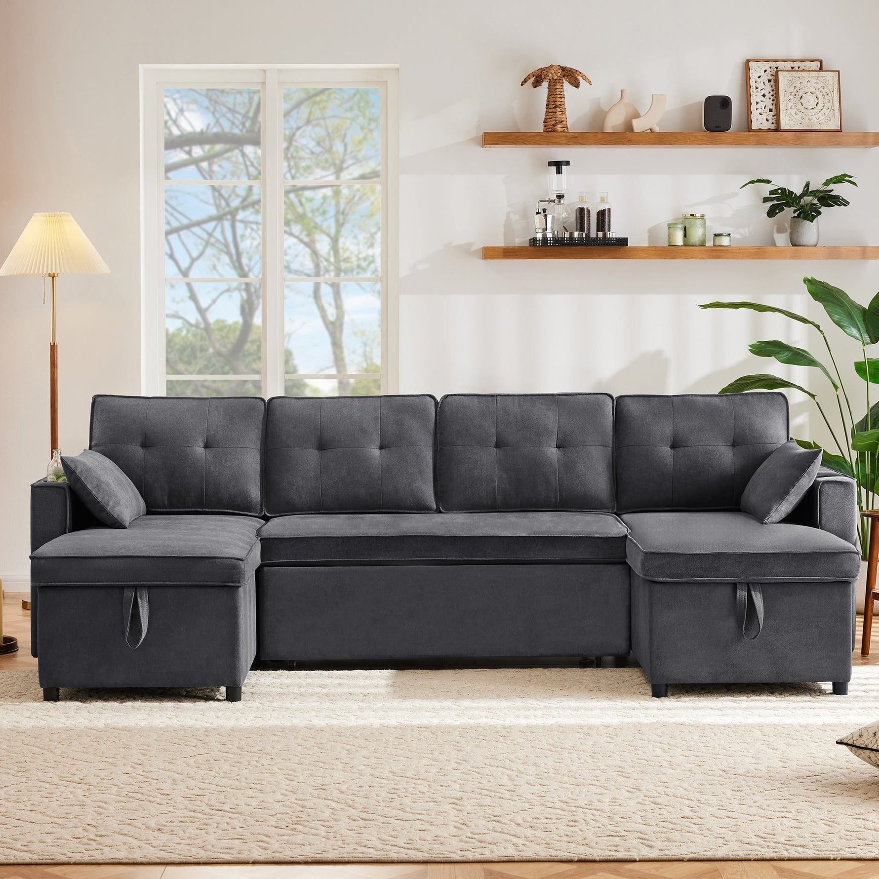 Sleeper Sofa U-Shaped with Storage & Cup Holders, Cotton and Linen Fabric