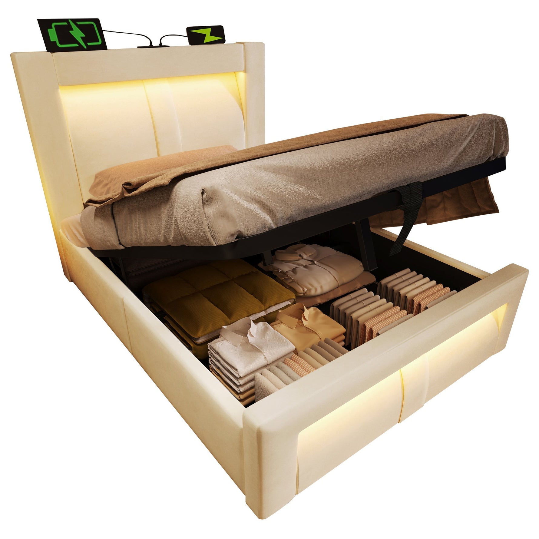 Single Bed 90x200 cm with Hydraulic Storage, LED Lighting, USB Ports and Mattress, Beige Velvet