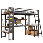 Loft Bed 90x200cm Iron Frame with Desk LED Light Storage Pegboard USB Black