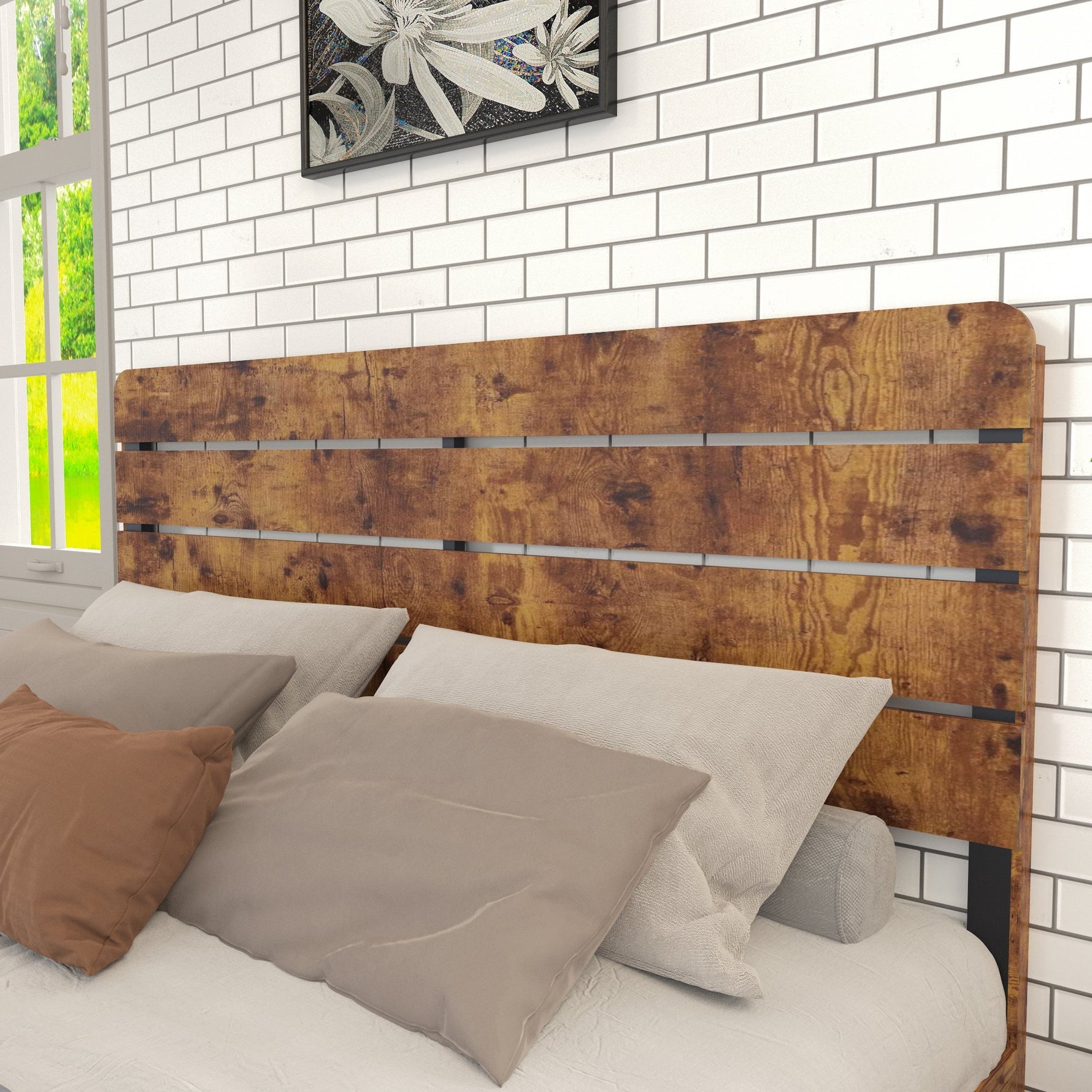 Wooden Double Bed 140x200cm High Headboard Frame, Antique Wood/Iron