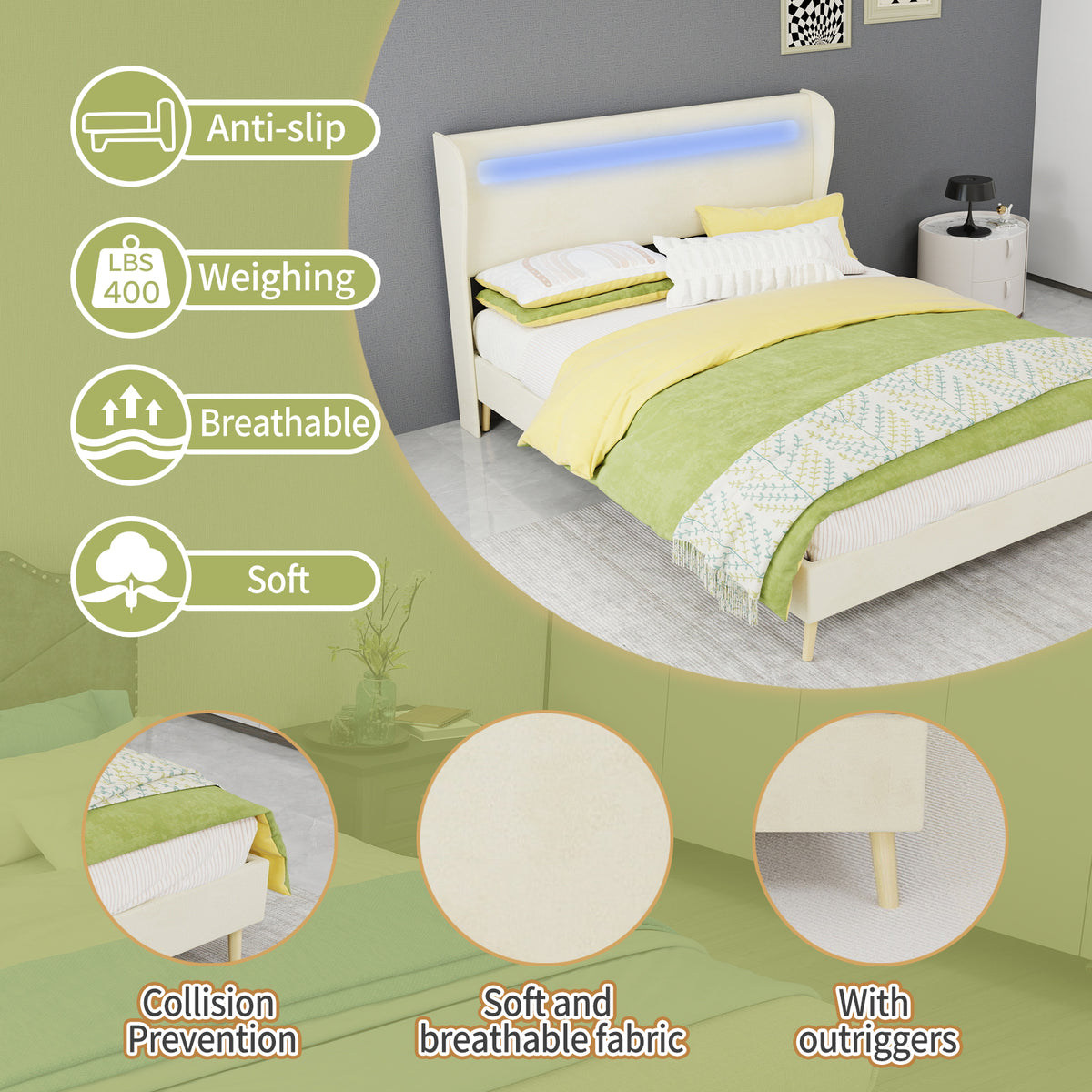 Upholstered Bed with LED Headboard & Mattress 140x200 cm, Beige