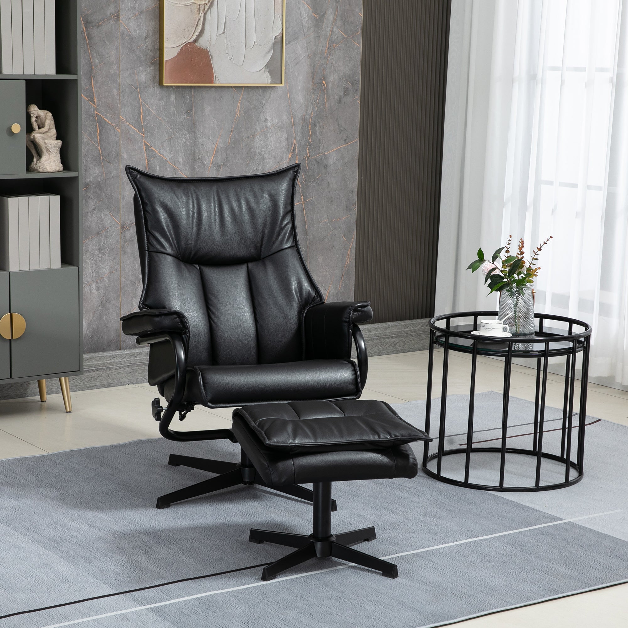 Armchair Swivel Reclining TV Chair with Footstool, Tilting Backrest, Faux Leather Black