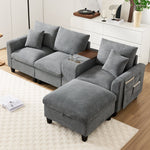 Modern L-shaped Corner Sofa Convertible Console Cup Holders USB Corduroy Fabric