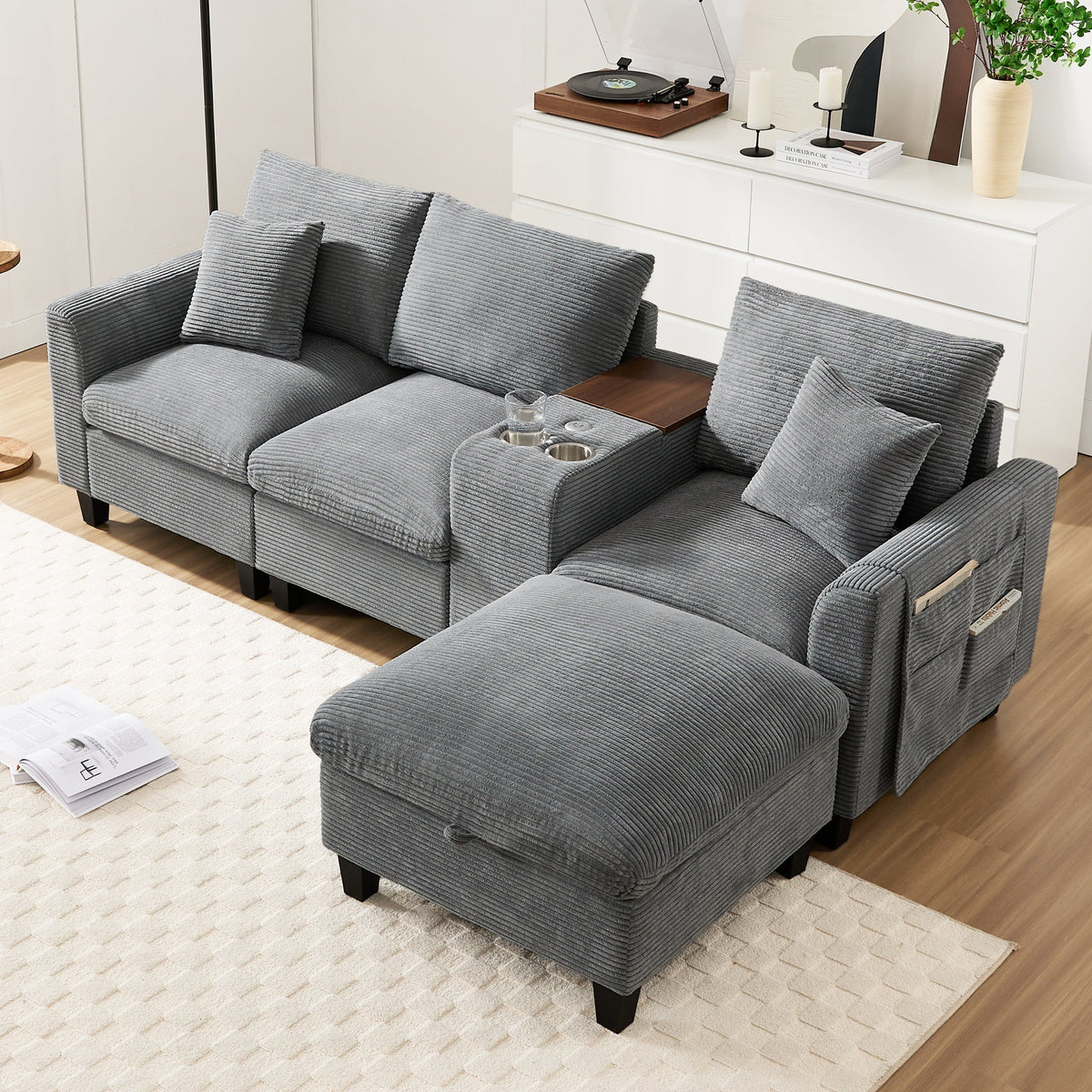 Modern L-shaped Corner Sofa Convertible Console Cup Holders USB Corduroy Fabric