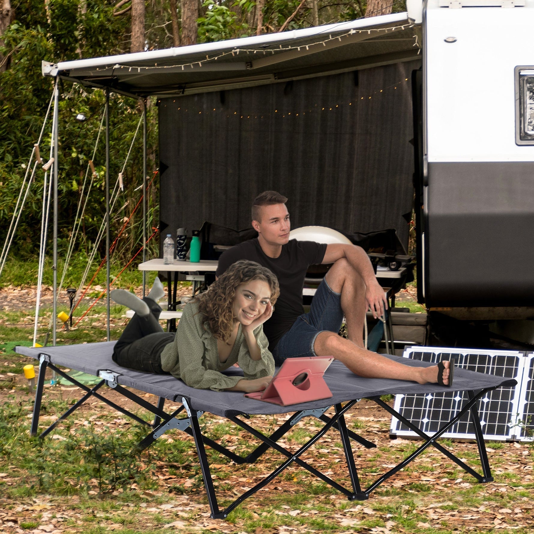 Folding Camping Bed, 2 Person, 136 kg, Steel Oxford Grey