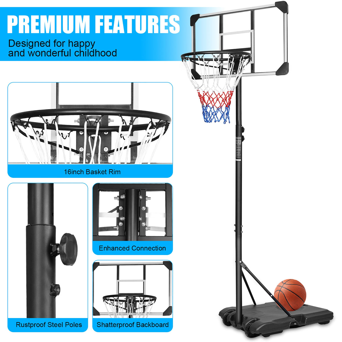 Portable Basketball Hoop, Adjustable Height, with Wheels, Black