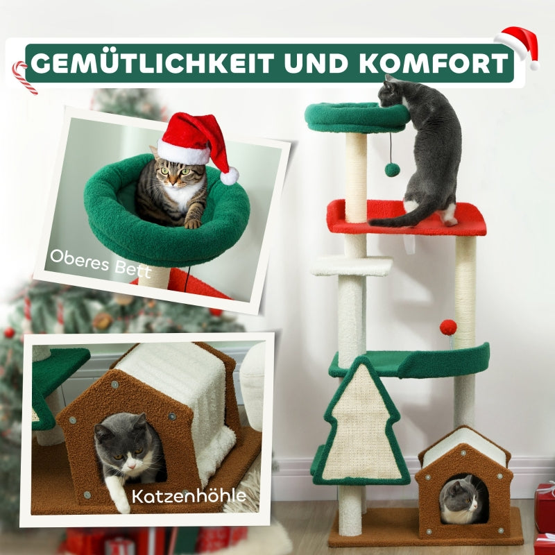 Christmas Cat Tree, 135cm with Bed, House, Scratching Posts, Toy Balls, Multi-color