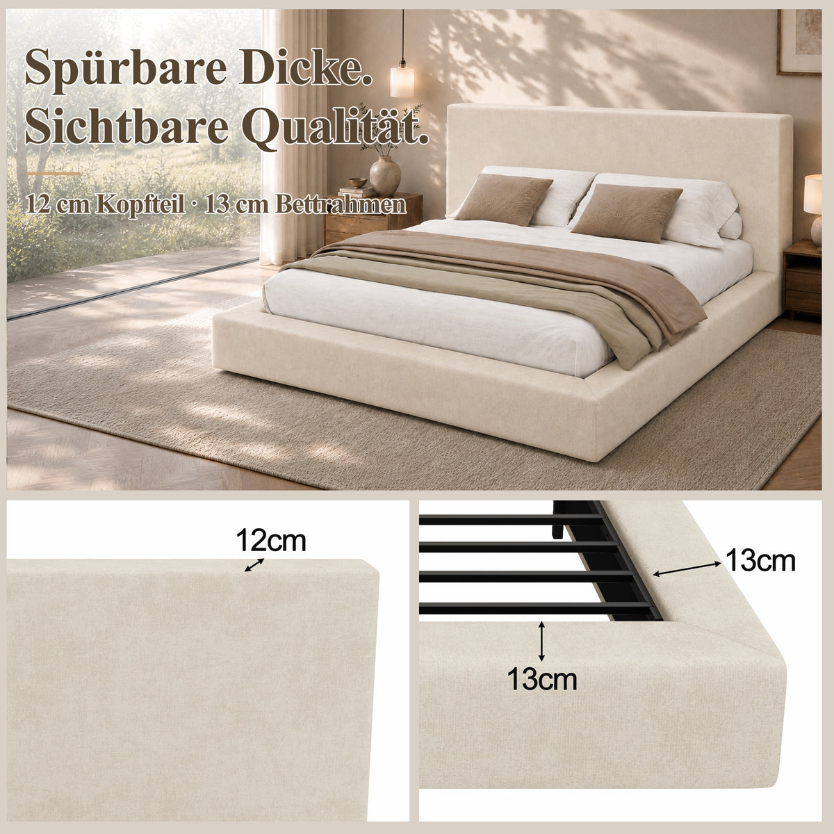 Upholstered Double Bed 180x200 cm with Slatted Base, Beige Chenille
