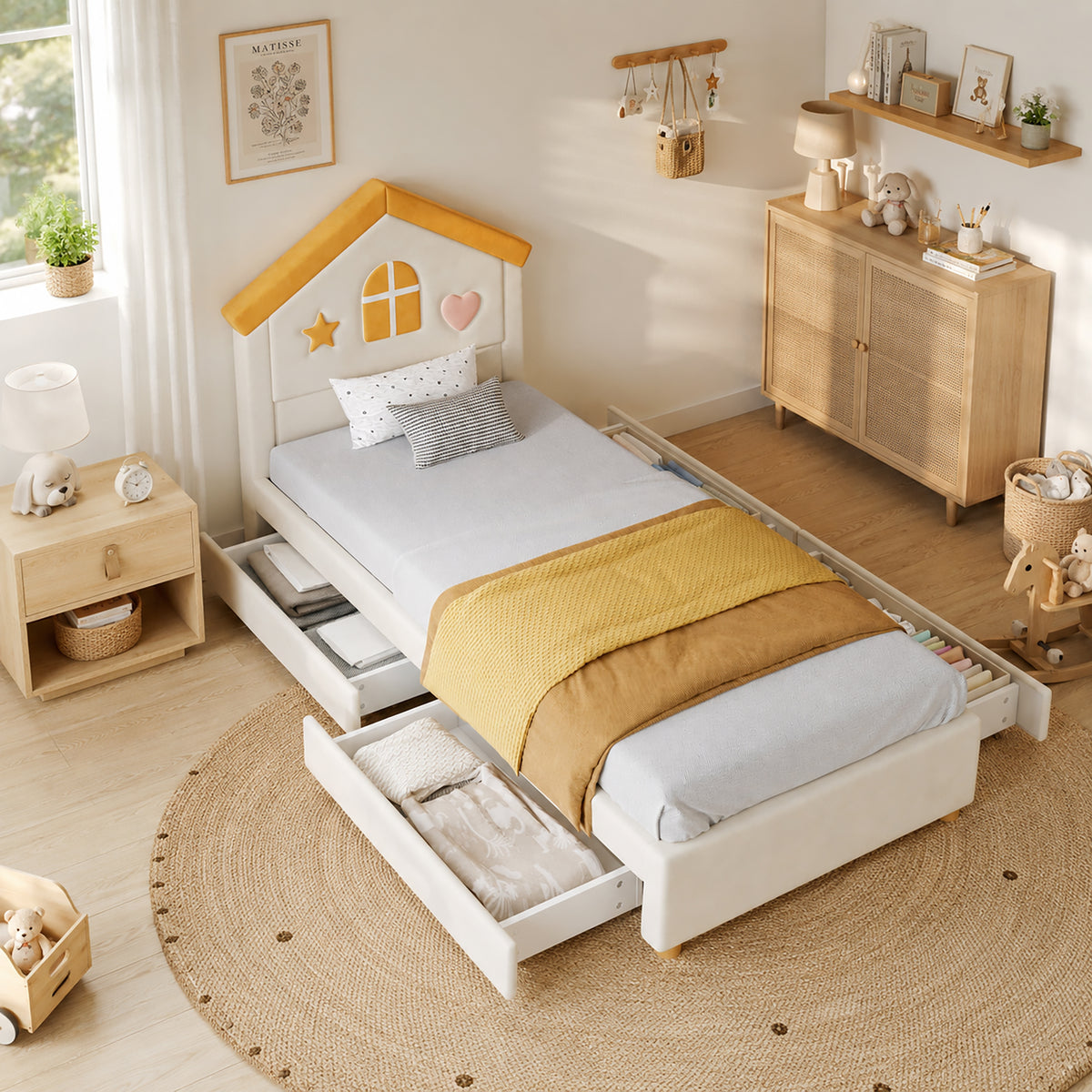 Children's House Bed 90x200 with 4 Drawers, Beige Velvet