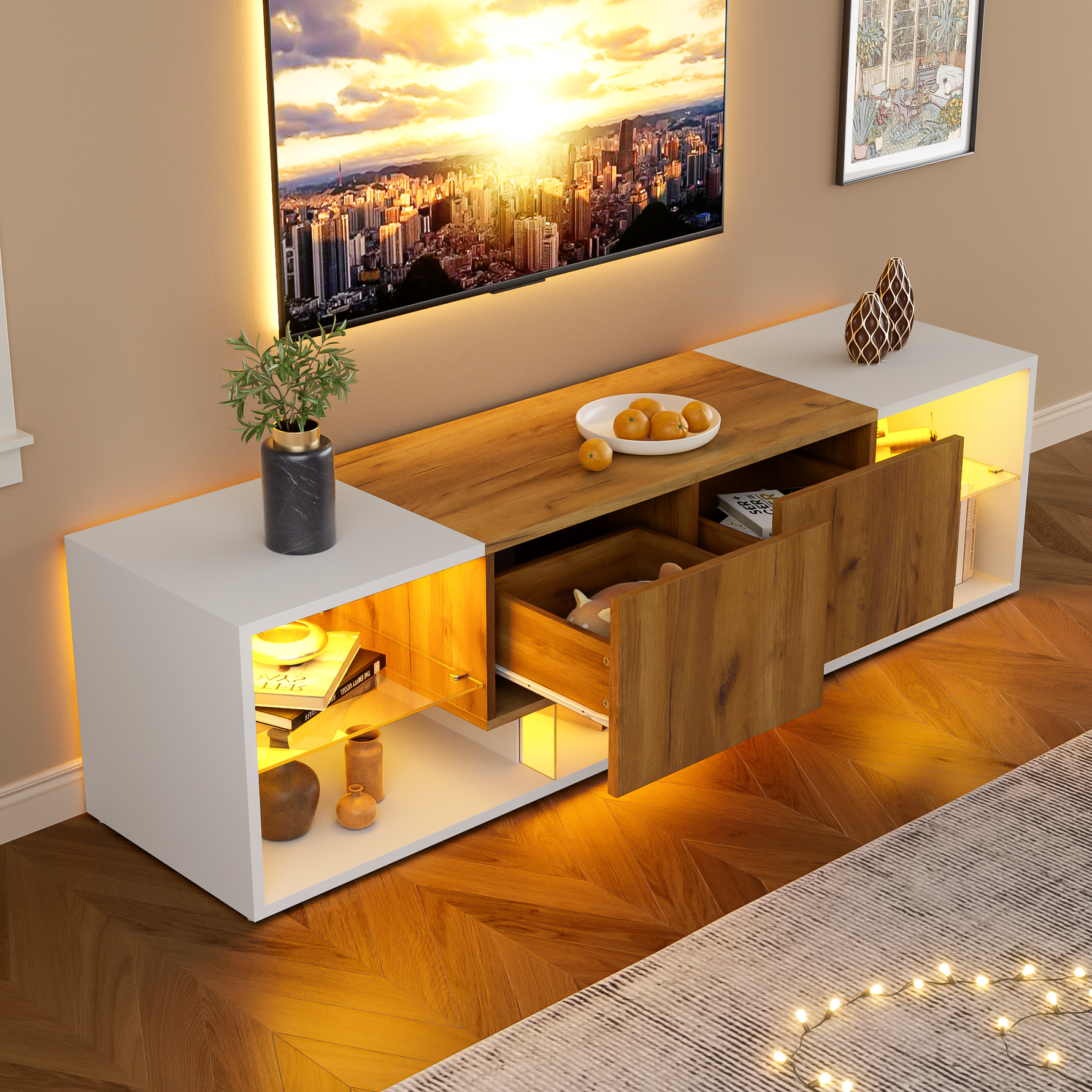 TV Console Cabinet 3-Tier Entertainment Center Glass Shelf 2 Drawers, White