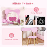 AIYAPLAY Dressing Table Set with Stool, Makeup Mirror, Bear Shape, MDF, Pink