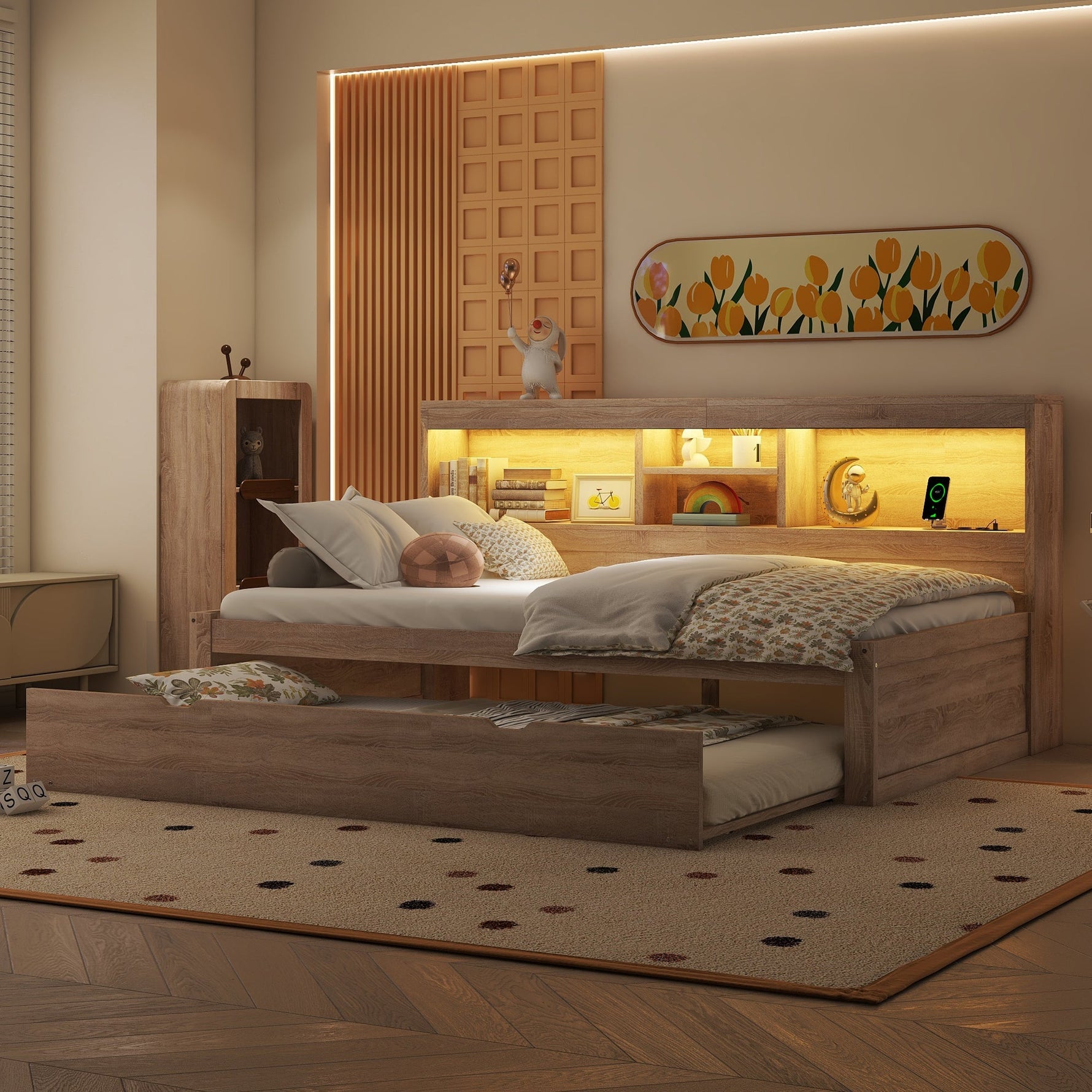 Daybed with Pull-Out Bed, LED Lights and USB Port, Natural Finish