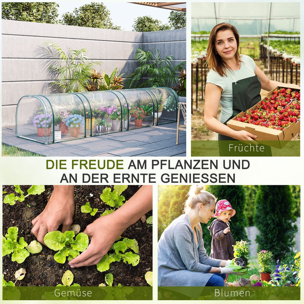 Tunnel Greenhouse, 4 Zippered Windows, Steel Frame, Robust Tarpaulin, Transparent