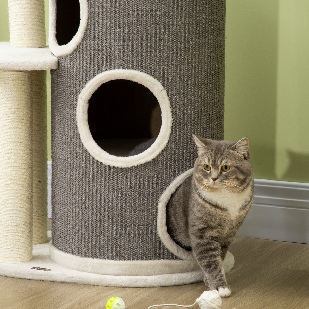 Cat Tree 109cm, Scratching Barrel & Bed, Sisal, White Grey
