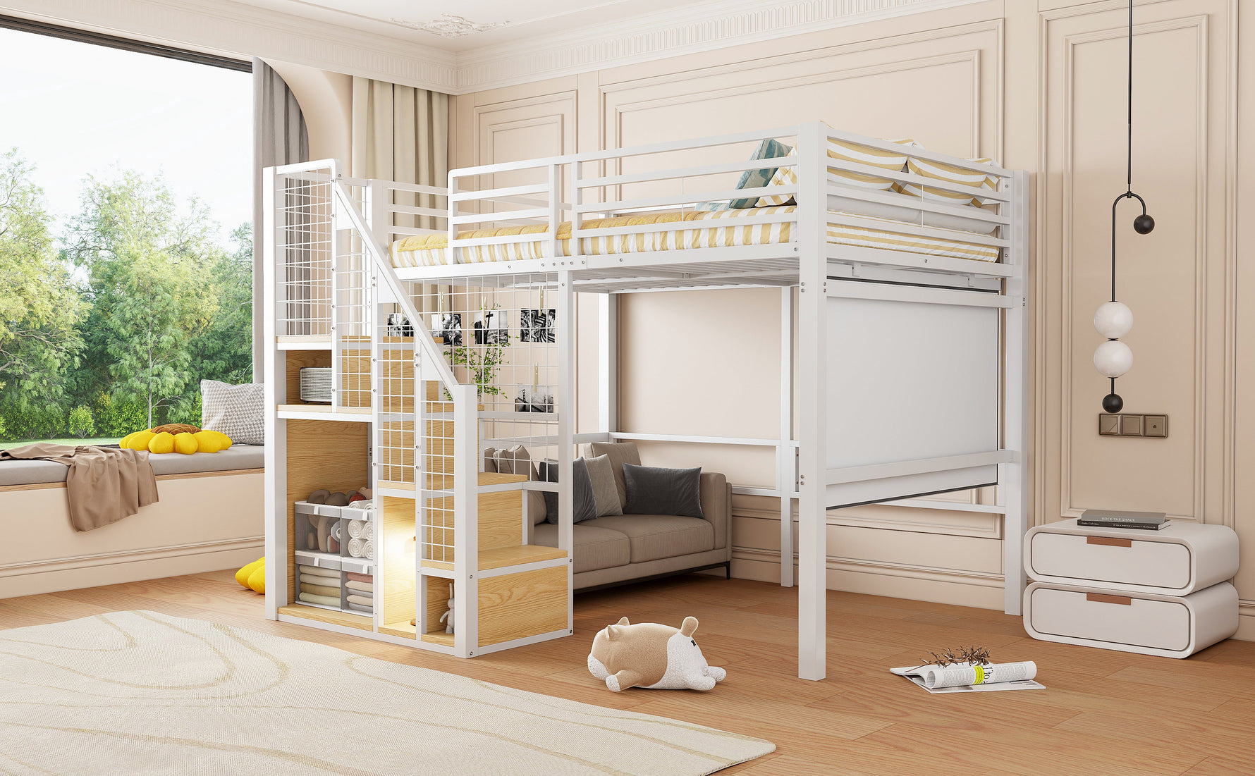 Bunk Bed with Safety Ladder and Storage Area, 140x200cm, White Iron Frame