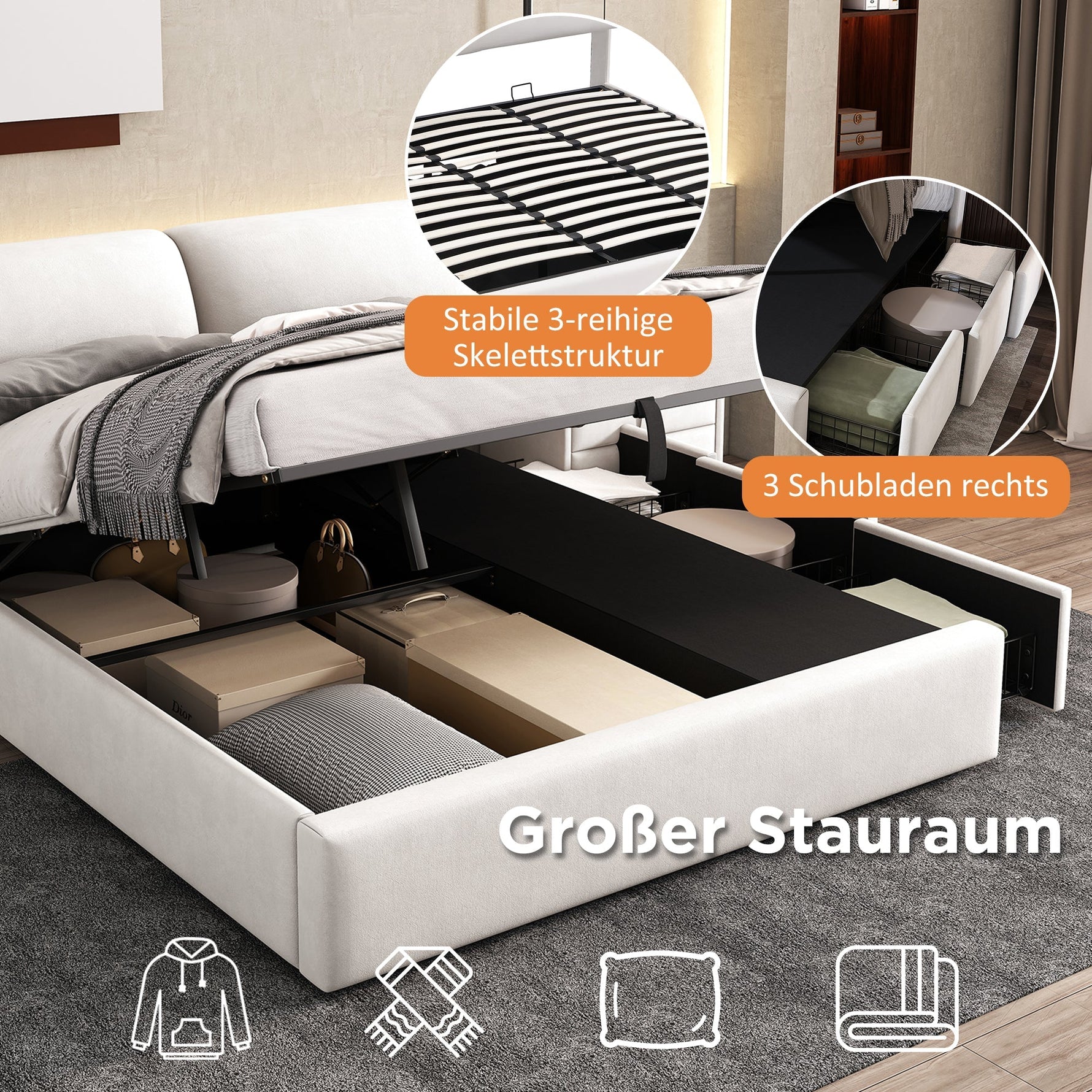 Upholstered Bed 180x200cm Hydraulic Storage 3 Drawers - Velvet Beige