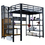 Iron Loft Bed 140x200cm with Desk, Pegboard & LED, Black