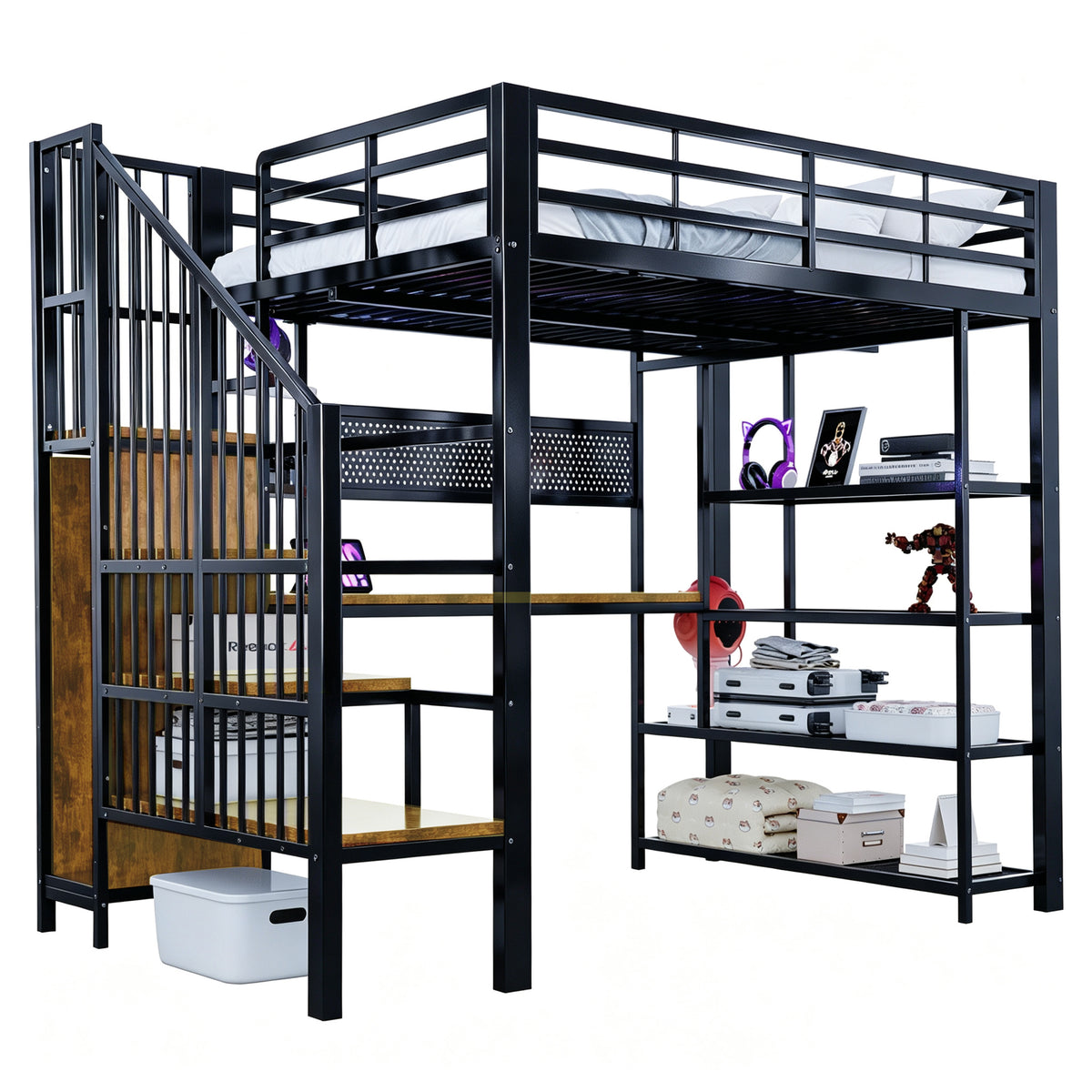 Iron Loft Bed 140x200cm with Desk, Pegboard & LED, Black