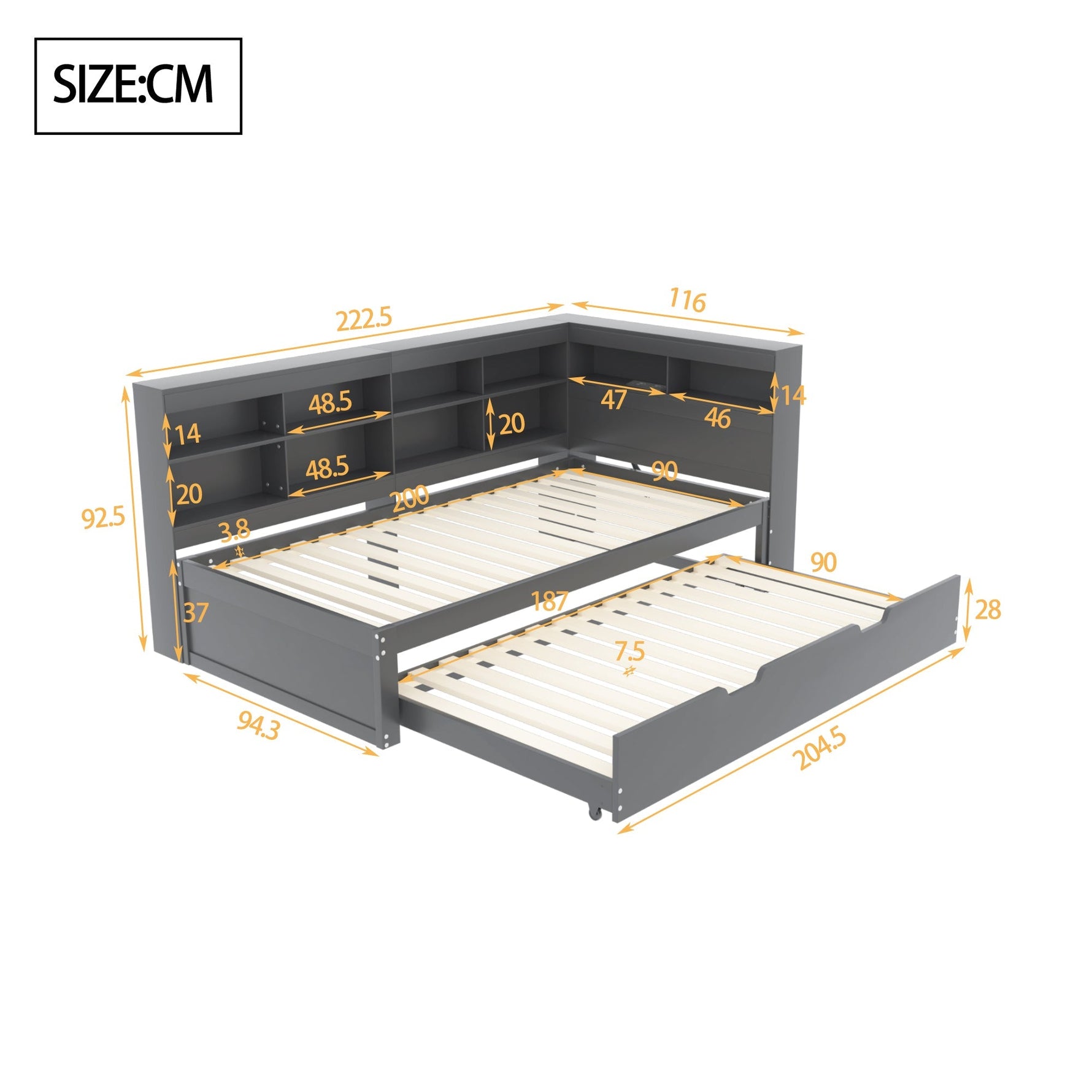 Sofa Bed with USB Socket & Storage, Solid Wood, Gray