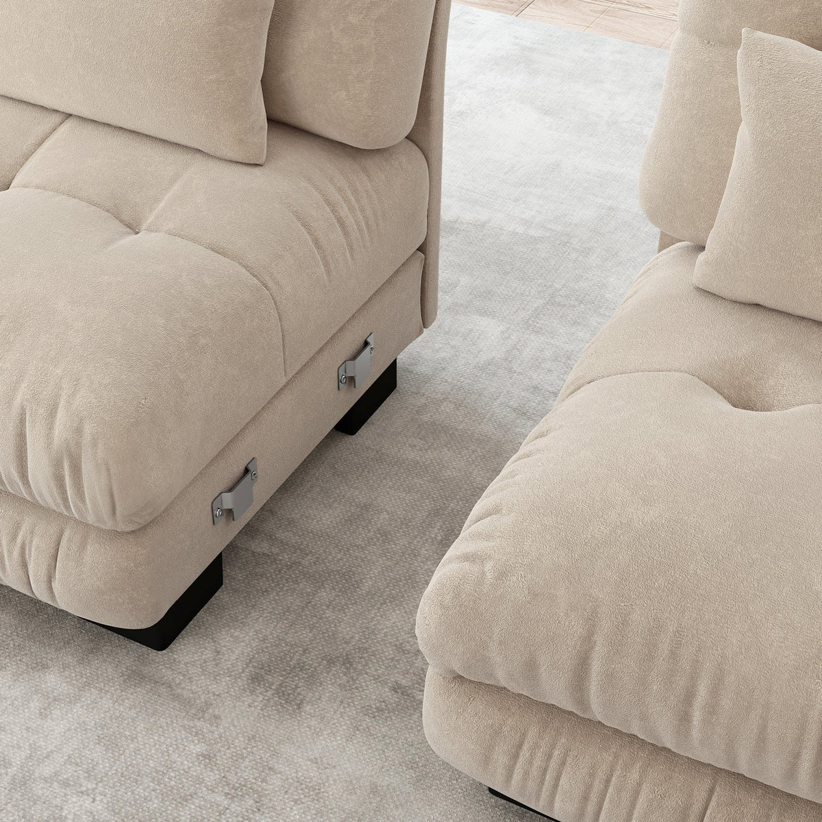 Cloud Corner Sofa, Double with Lumbar & Decorative Pillows, Ottomans, Chenille Light Brown