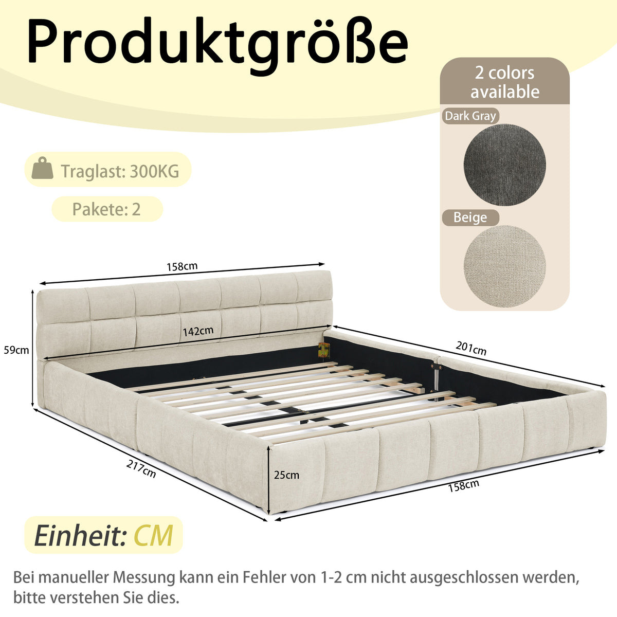 Double Bed 140x200cm Square Quilted Design, Beige Chenille