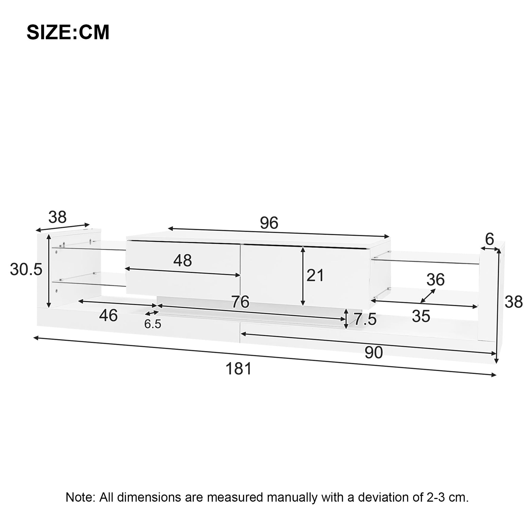 High-Gloss TV Cabinet, 181cm LED Lit, 80-inch Capacity with Glass Front and Two Folding Drawers