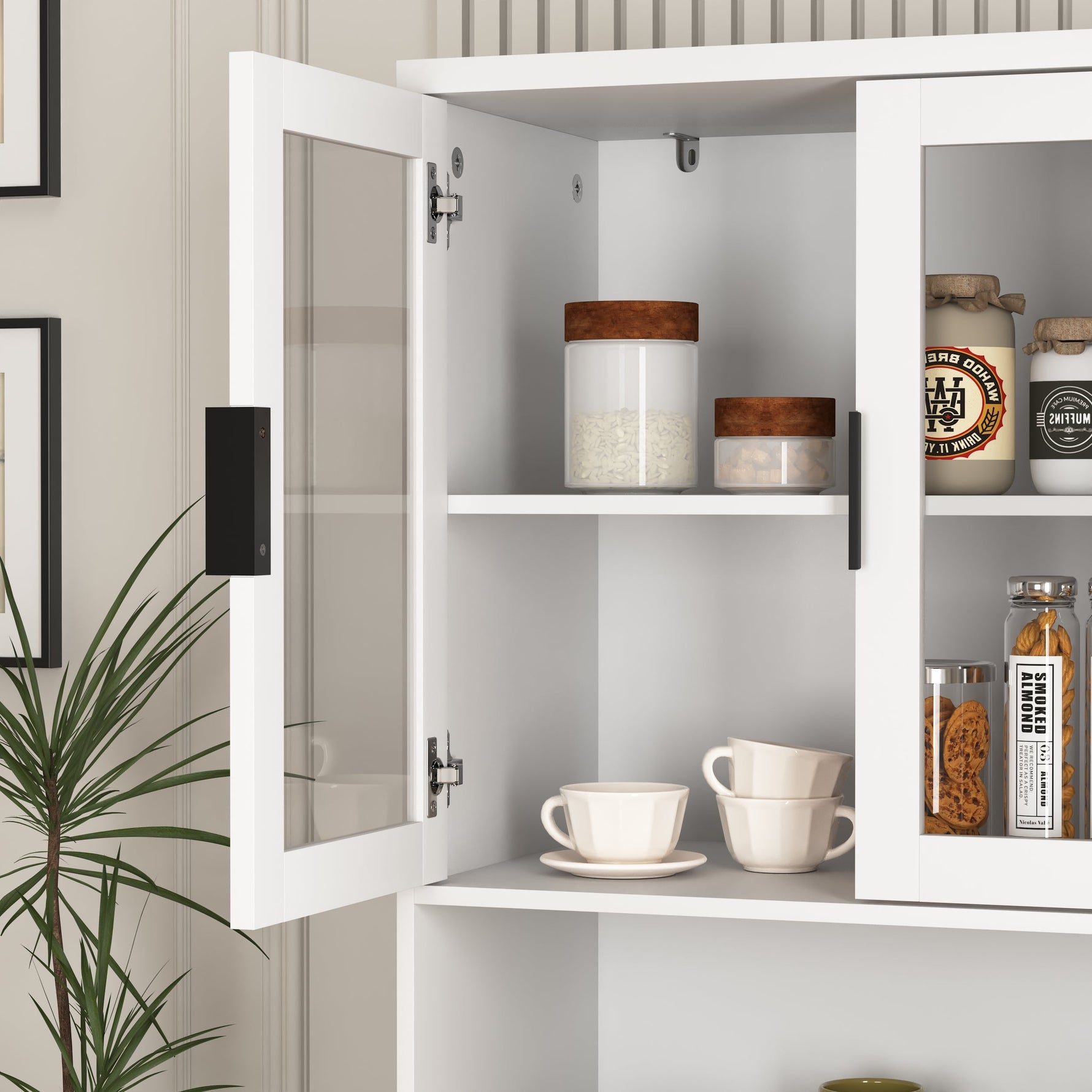 Tall Bookcase 4-Door Tempered Glass Adjustable Shelf - White