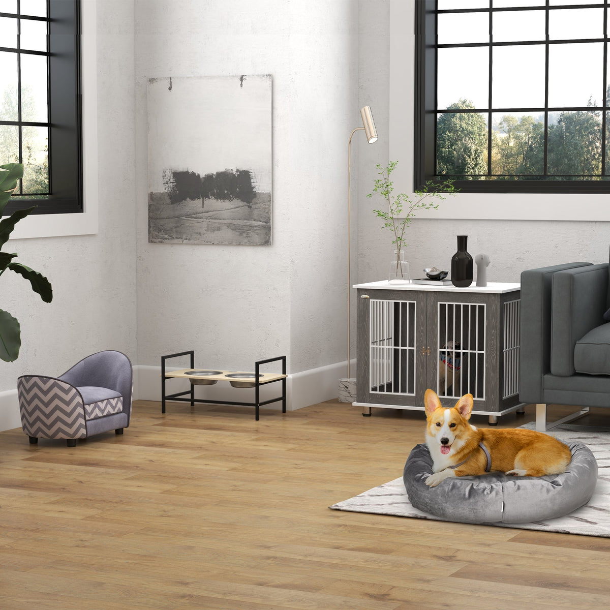 Wooden Dog House, Table Top & Cushion, Grey+White