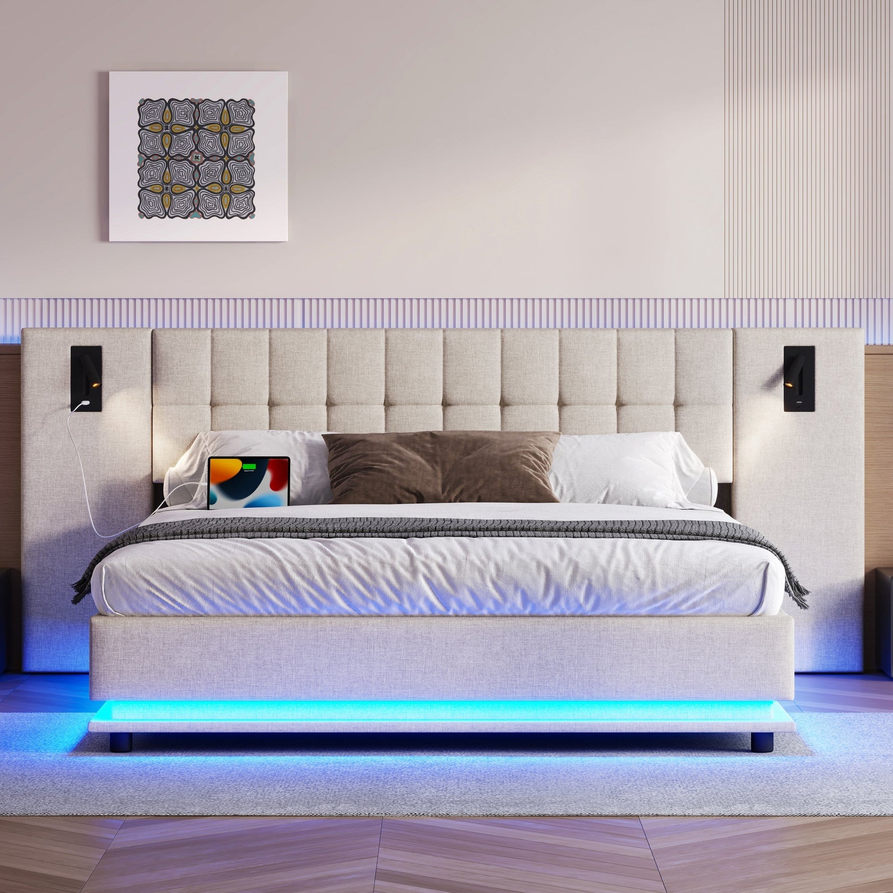 Upholstered Bed 180x200cm LED Headboard Spotlight USB - Linen Beige