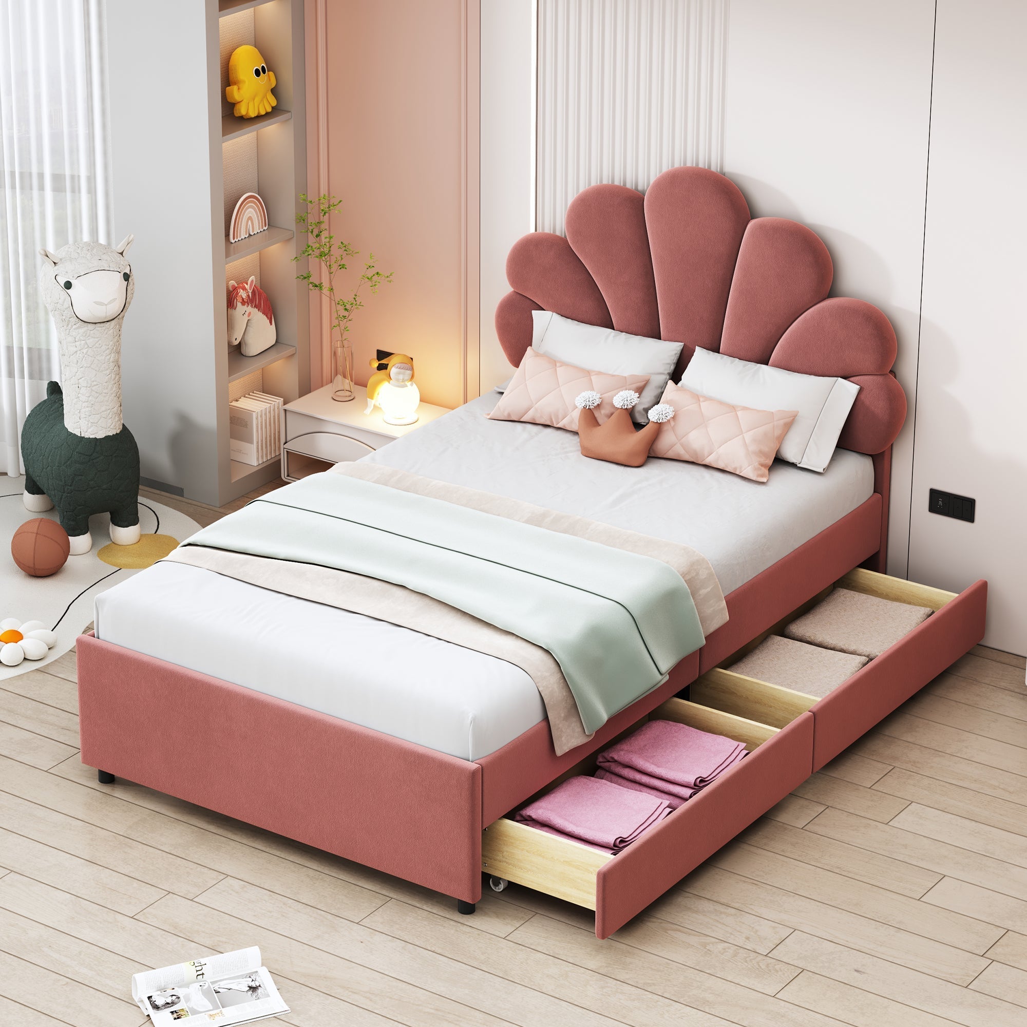 Children's Upholstered Bed 90x200 Floral Headboard Storage Velvet Pink