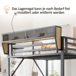 Metal Loft Bed with Desk, Shelf, Storage Net, LED and Socket, 140x200cm, Black Metal