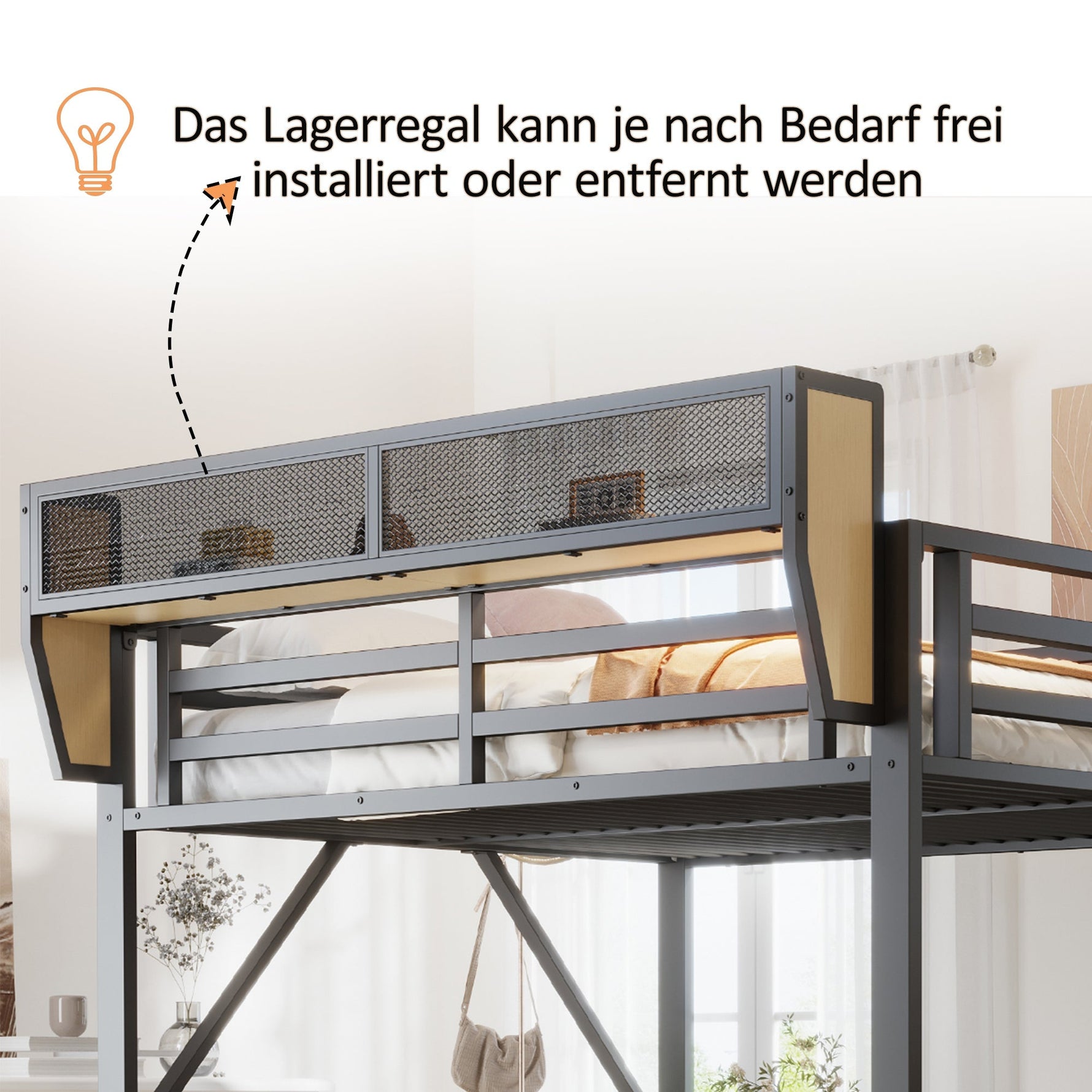 Metal Loft Bed with Desk, Shelf, Storage Net, LED and Socket, 140x200cm, Black Metal