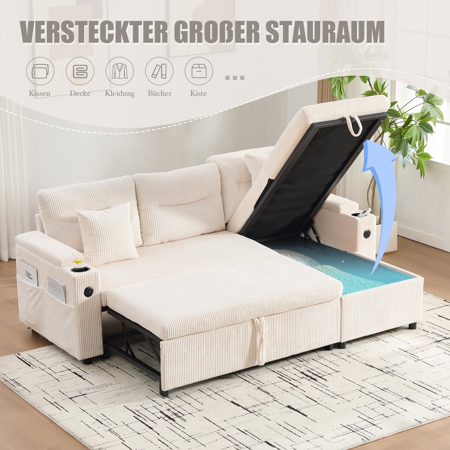 Sofa Bed 3-Seater Hydraulic Chaise Storage USB-C Cup Holders Corduroy