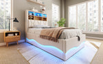 Children's Bed 90×200cm Hydraulic Storage LED USB Port, Linen Beige