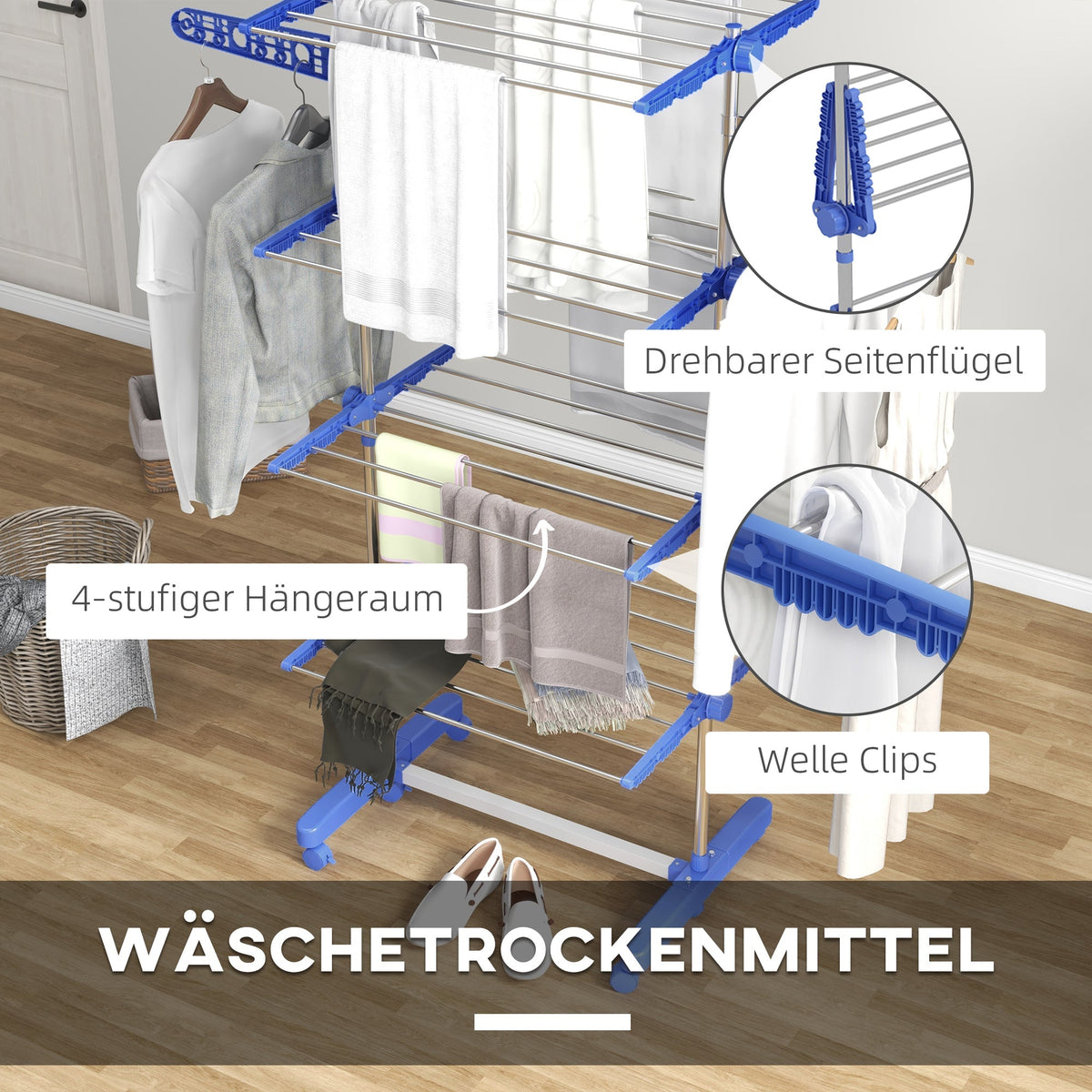 Clothes Airer, 2 Levels Foldable Standing Dryer, Steel Blue