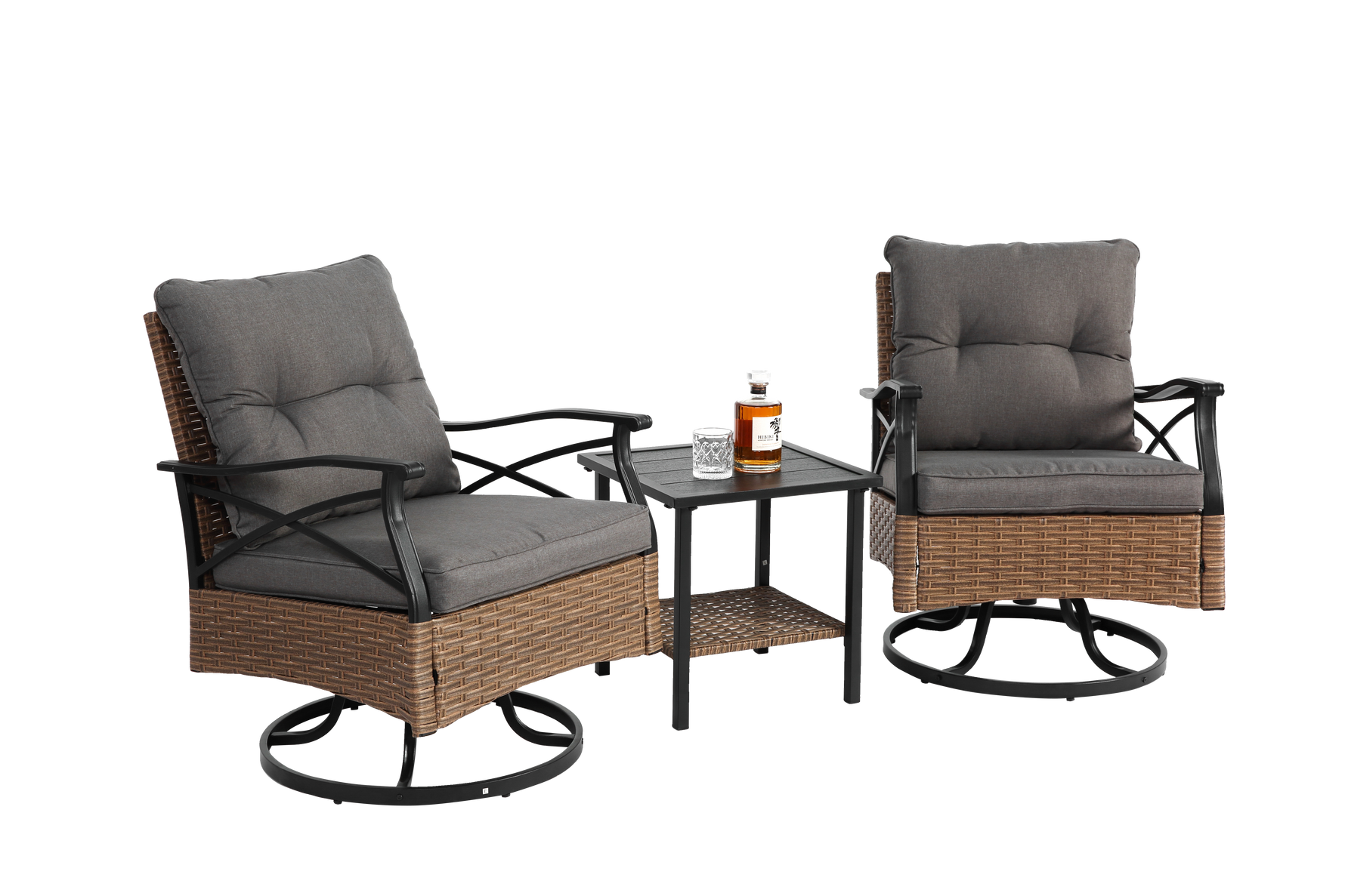 Outdoor Swivel Rocking Chair Set, 3 Pieces with 1 Table and 2 Chairs, 350lb Support, Brown Wicker