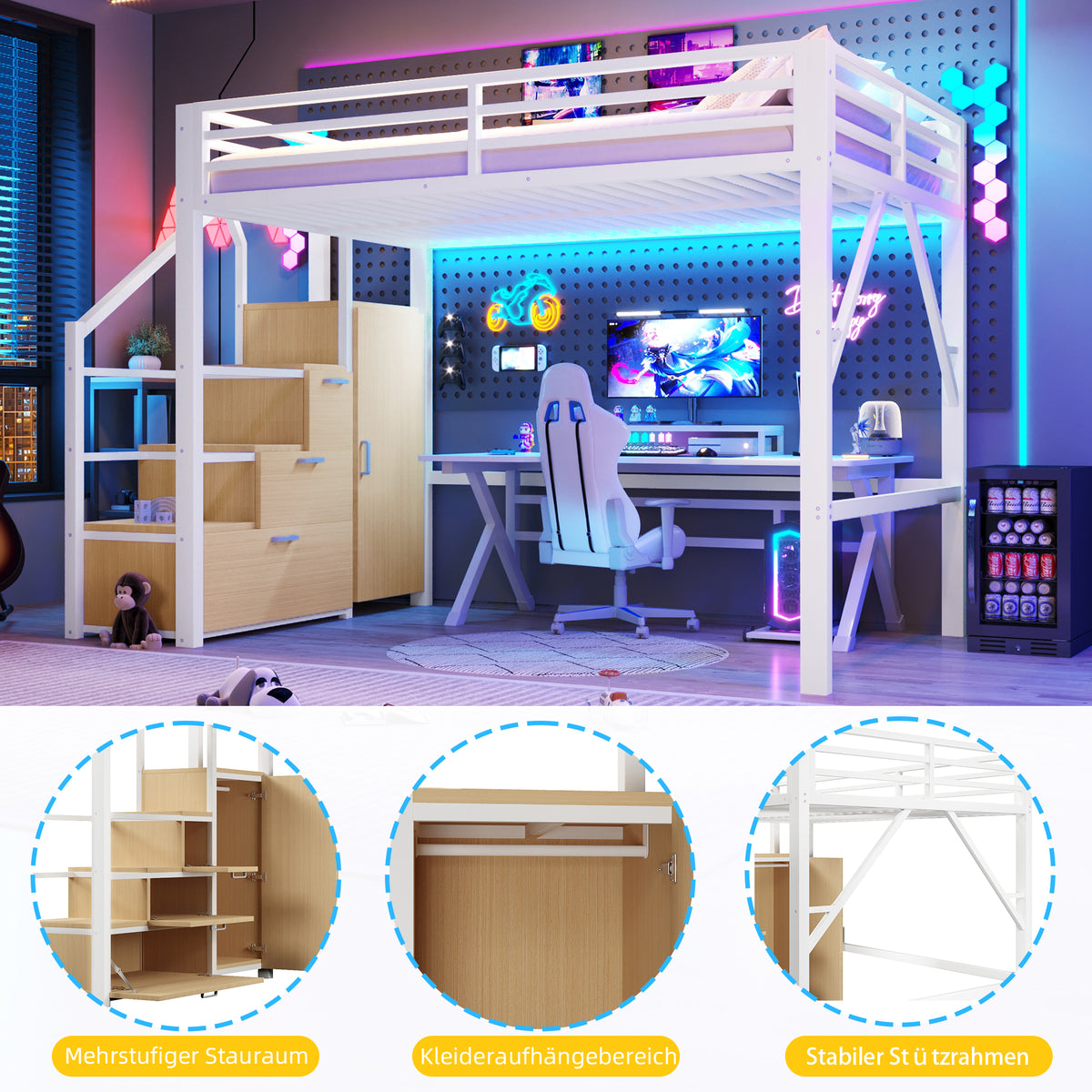 Loft Bed 140x200cm with Storage & Wardrobe in White Metal
