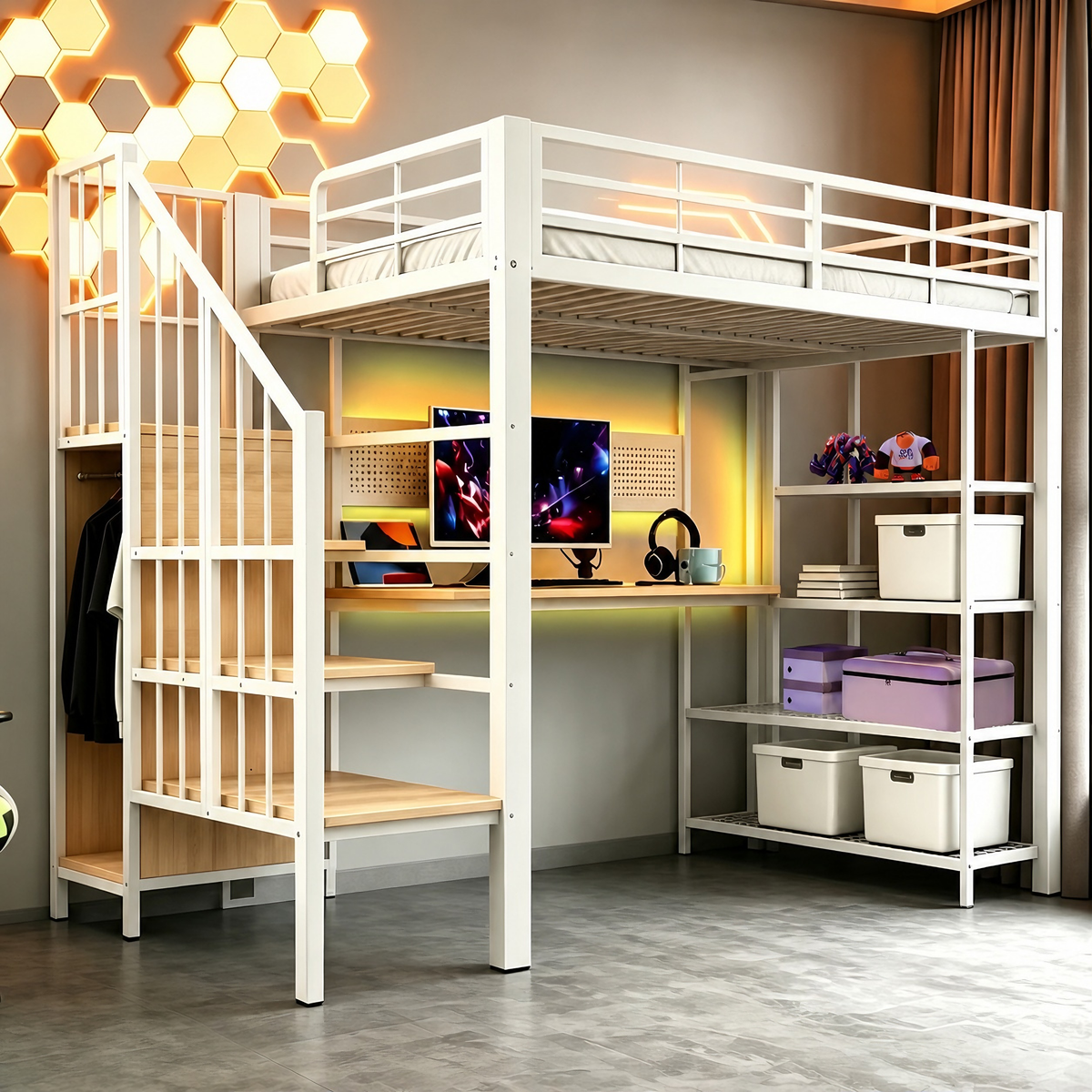 Iron Loft Bed 90x200cm with Desk, Pegboard & Storage - White