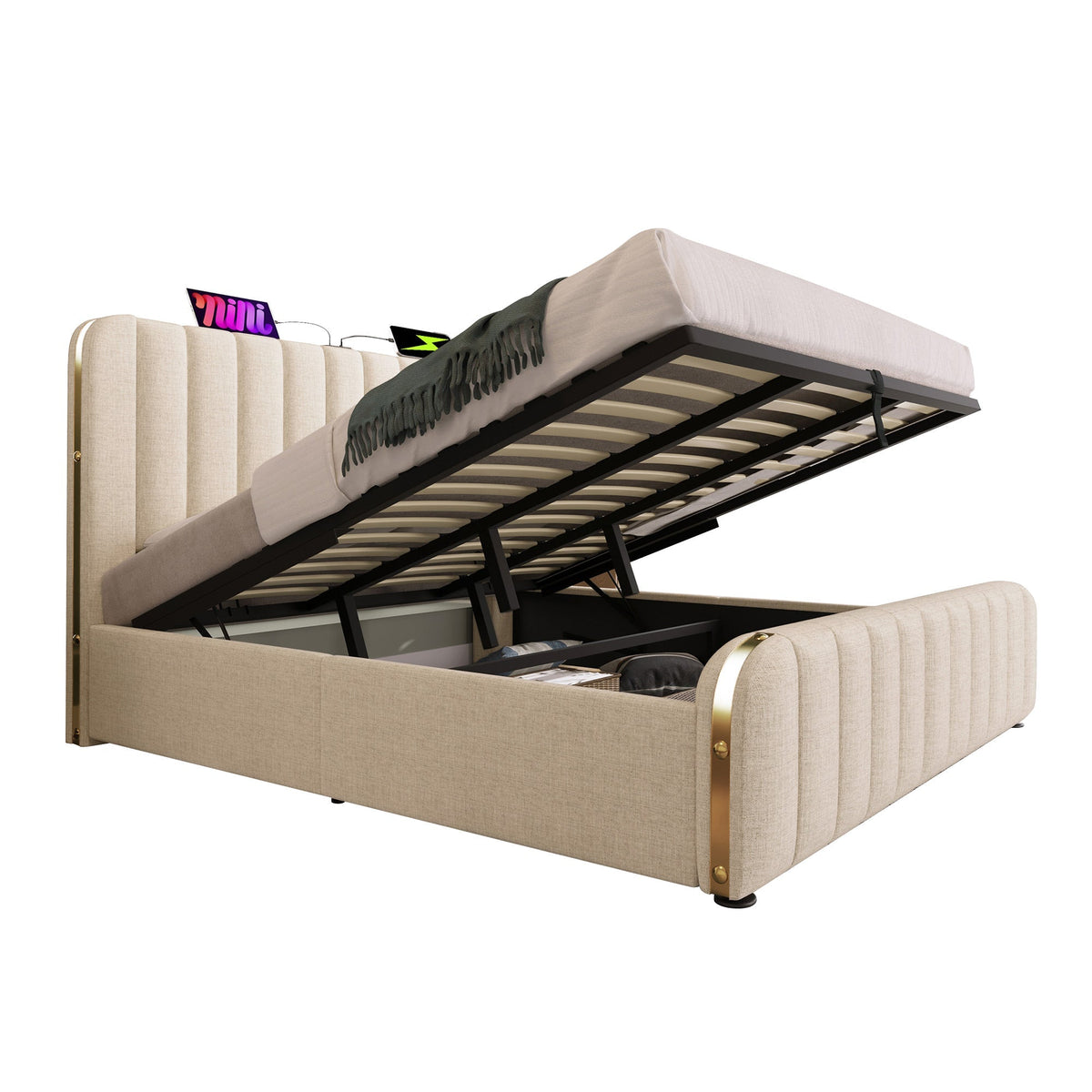 Upholstered Bed, Double Headboard with USB-C Charging, Hydraulic Storage, Beige Linen
