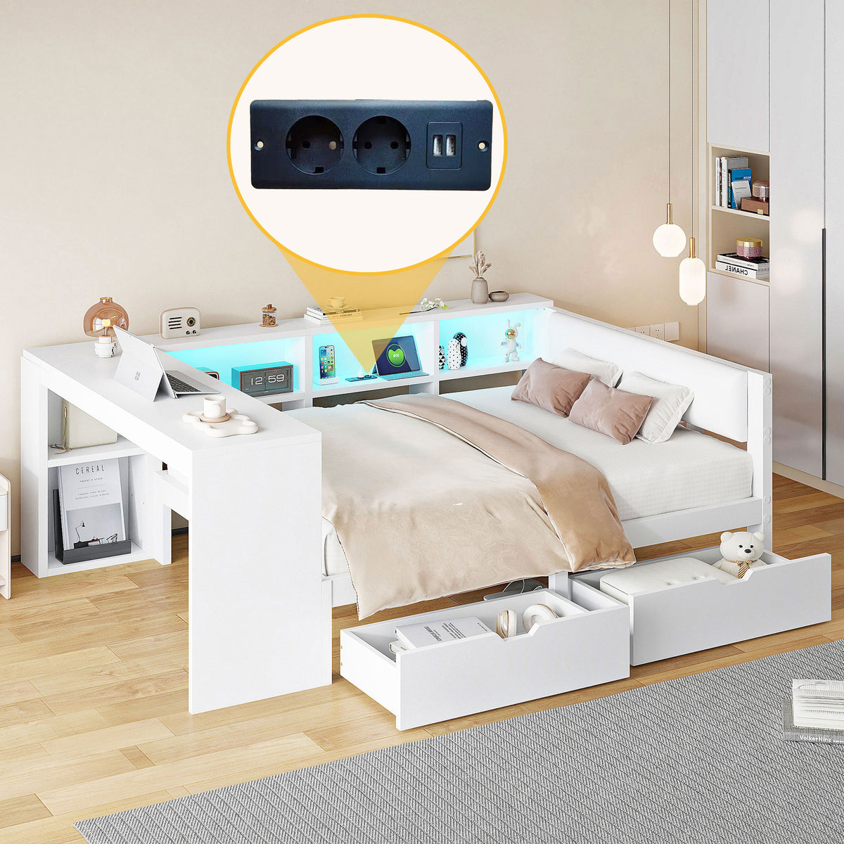 Platform Bed 140x200 with Shelves, Drawers & LED, White Wood