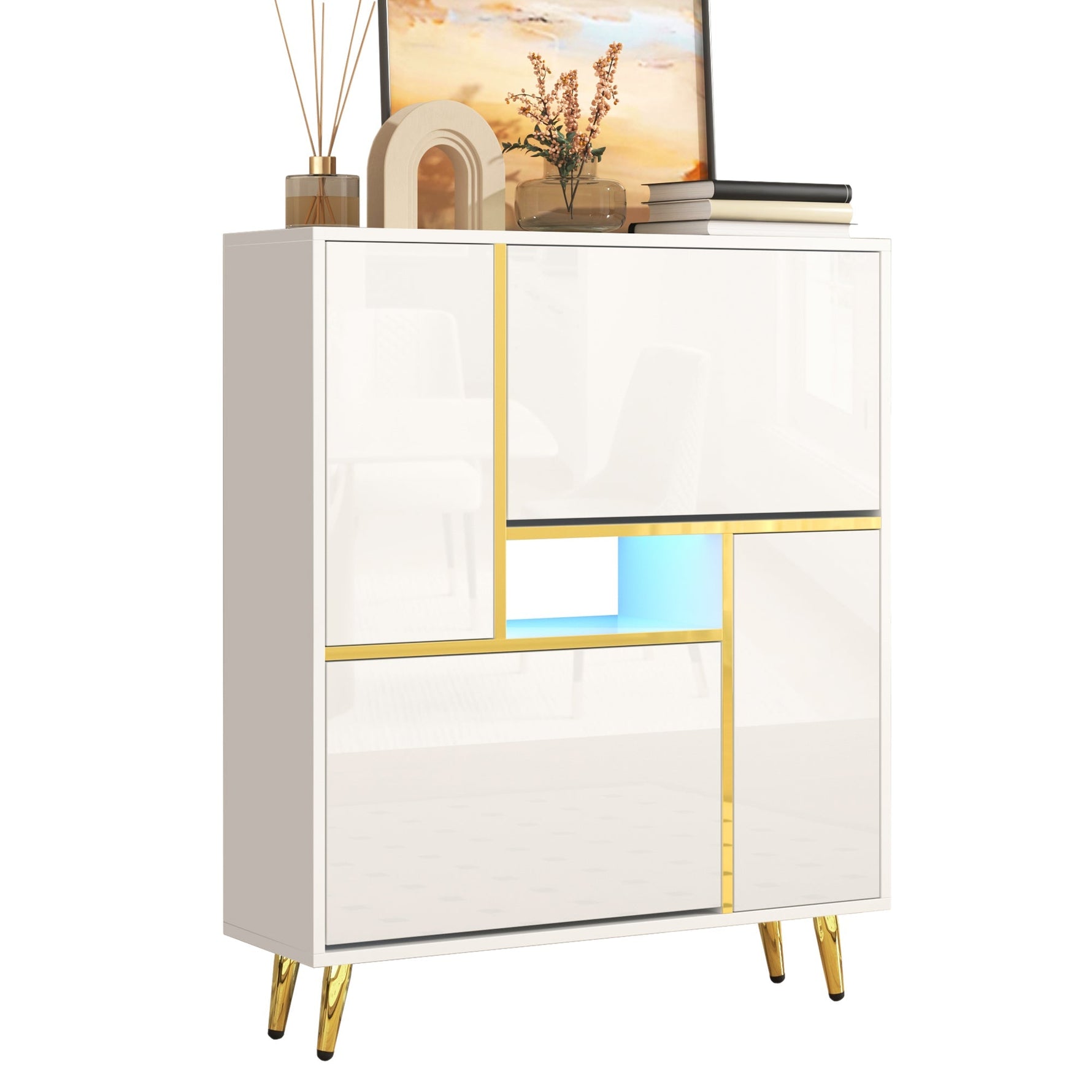 Modern Shoe Cabinet with 16-Color LED Light, White High-Gloss