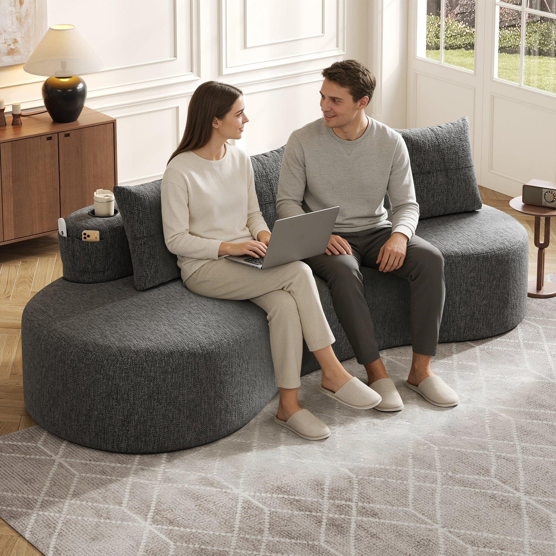 Linen Sofa with 4 Cushions, Cup Holder and Side Pocket, Dark Grey