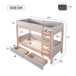 Bunk Bed with Anti-Collision Edge, Straight Staircase and Two Drawers, 90x200cm, Grey and Natural Rubberwood + MDF