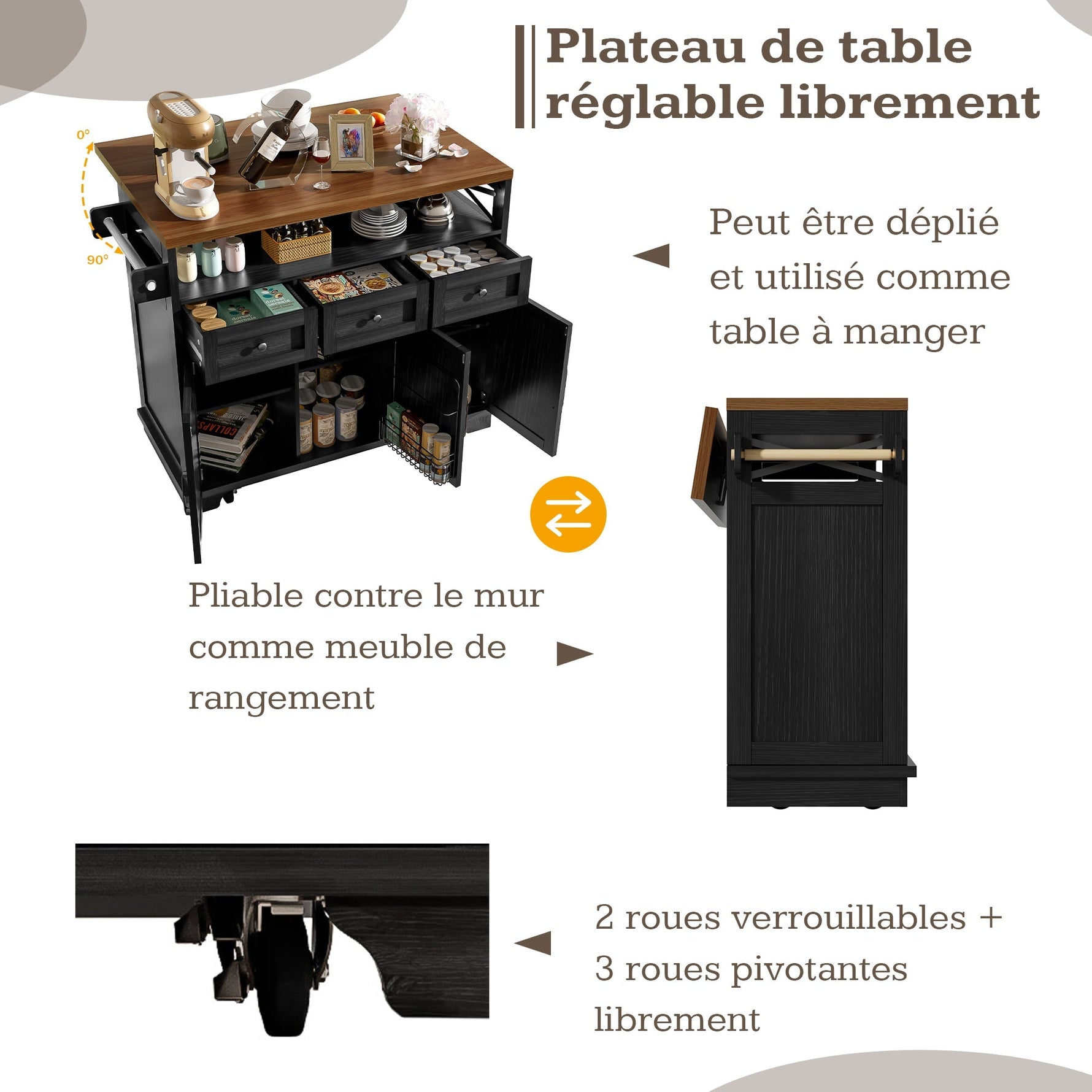 Kitchen Island Mobile Storage Cart with Dividers & Towel Rail - Wood Grain Black