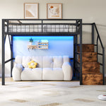 Loft Bed 140x200cm LED Storage Staircase - Black Iron Frame