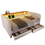 Upholstered Daybed with LED, USB-C, 2 Drawers and Storage Headboard, 140x190cm, Light Beige Linen