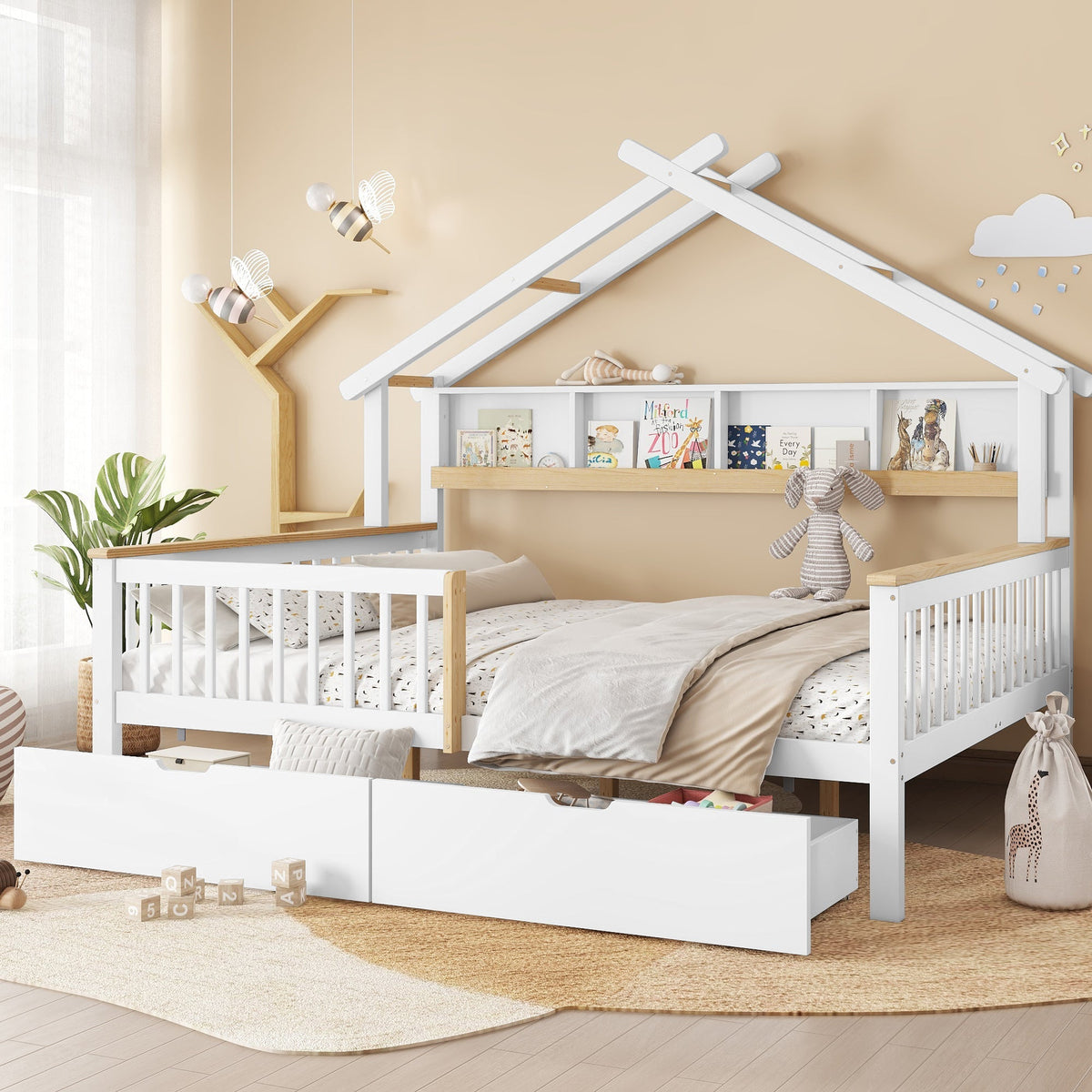 Children's Bed Roof Design, Railing, Storage Drawers, 140x200cm, Pine+MDF White/Natural