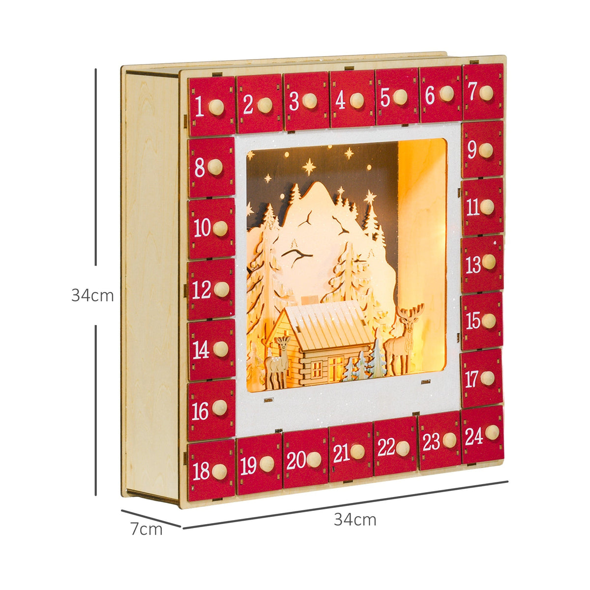 Advent Calendar, 24 Drawers with LED Lights, Red MDF