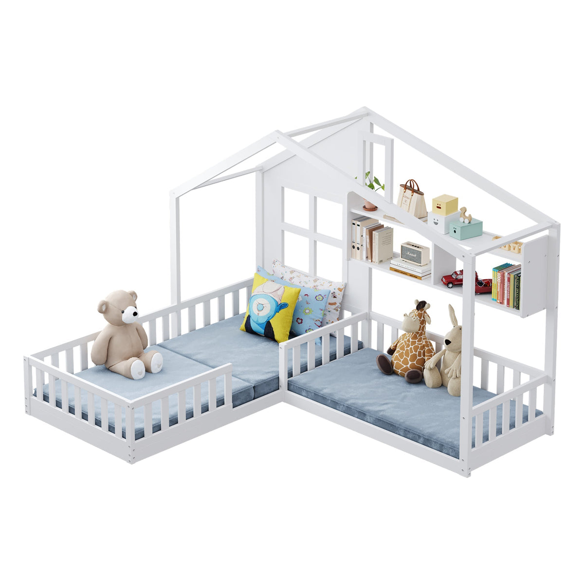Children's Bed with Window, Shelves and LED Light Strip, 90x200cm, White Solid Wood