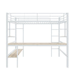 Loft Bed with Desk and Bookshelf, 90x200cm Metal Frame, White
